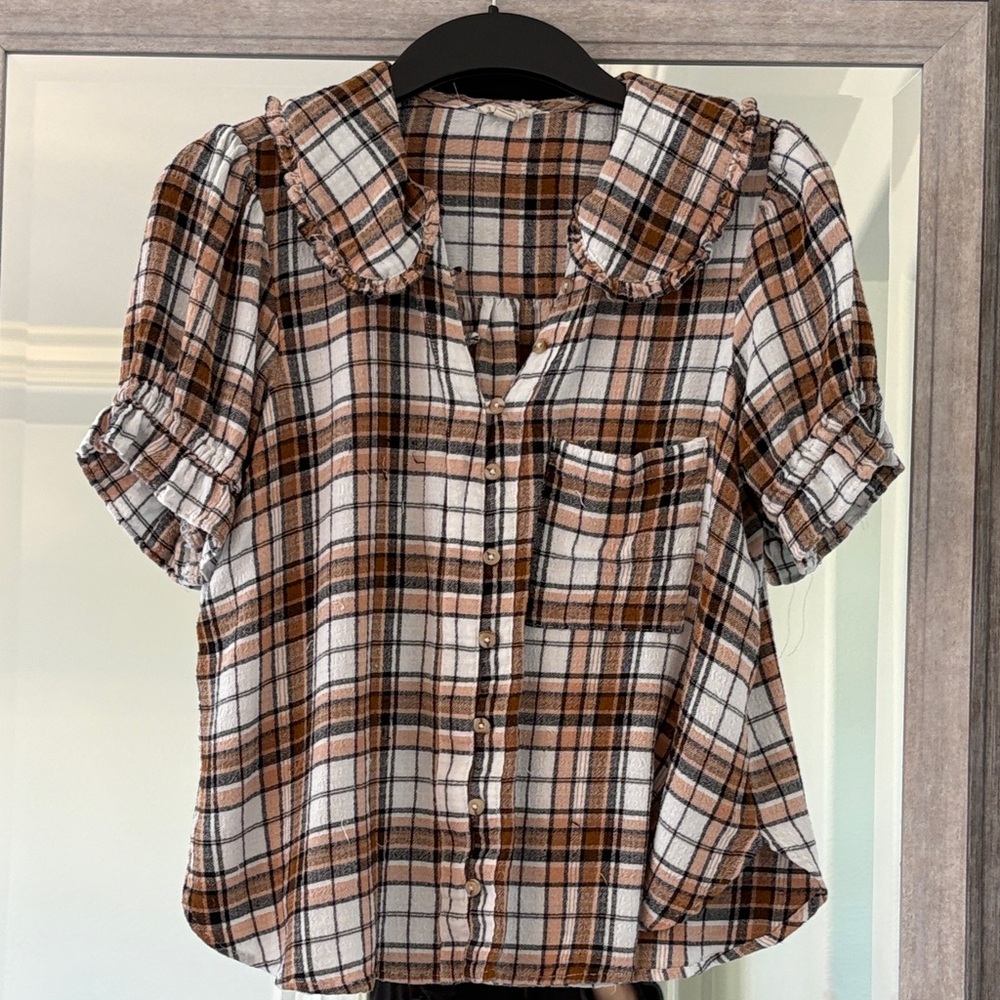 Pilcro Brown and White Plaid Button-Down Shirt